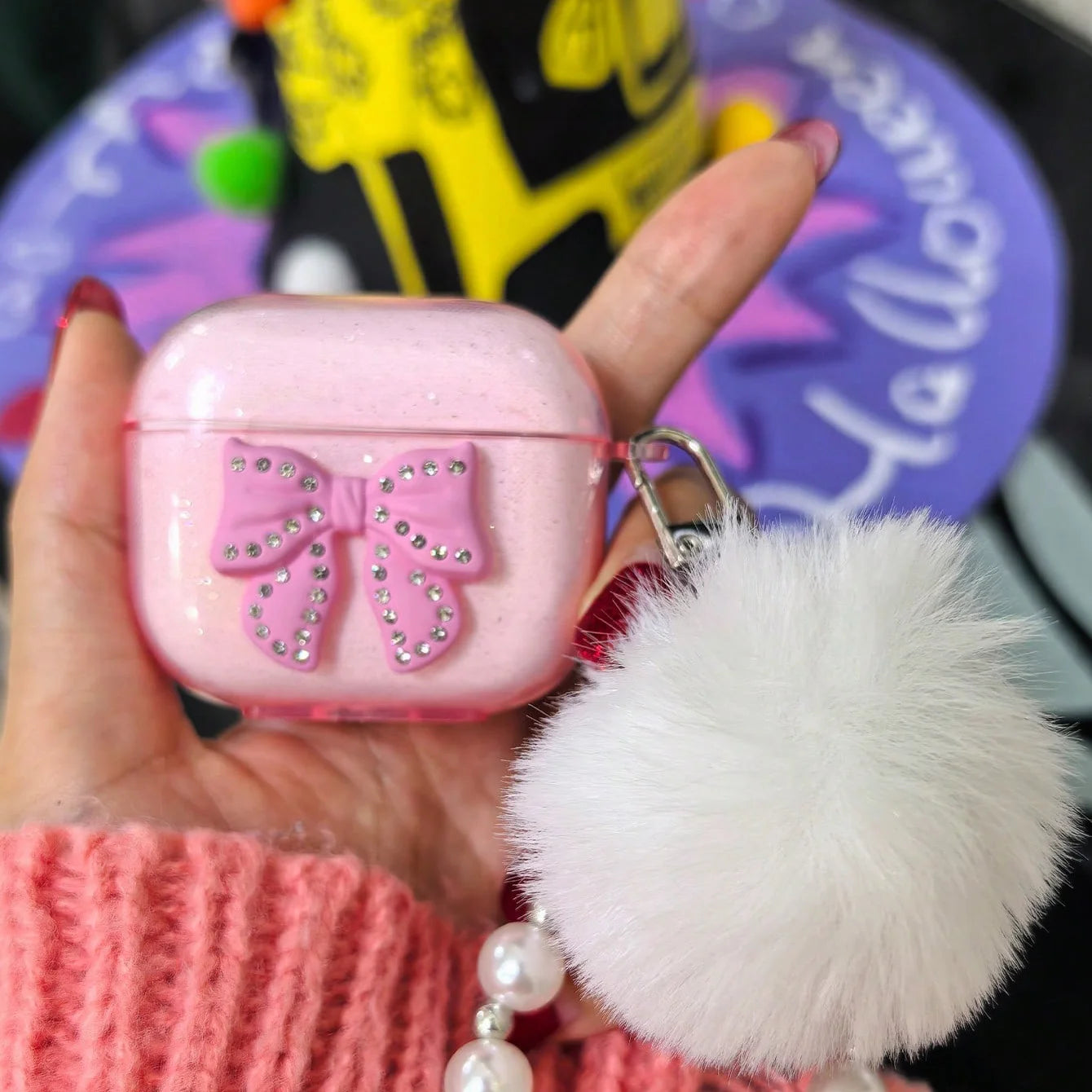 AirPods 1/2/3/4/Pro/Pro 2 Cute Glitter Bow Case with Fur Ball Keychain Protective Cover