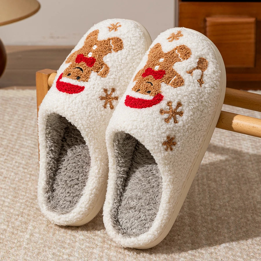 Christmas Plush Slippers Women Cozy Gingerbread Cute Winter Indoor Warm Soft Home Shoes