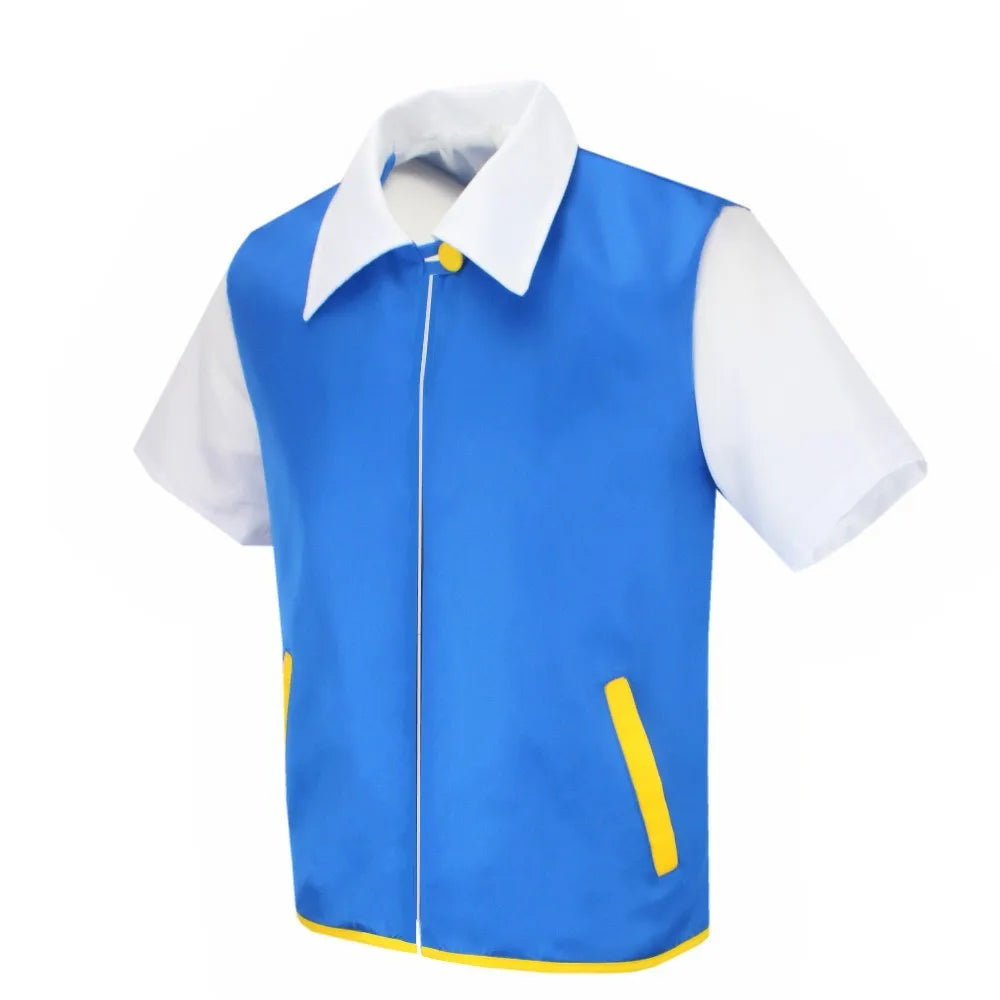 Men Boys Anime Trainer Cosplay Costume Blue Jacket Cap Gloves Set