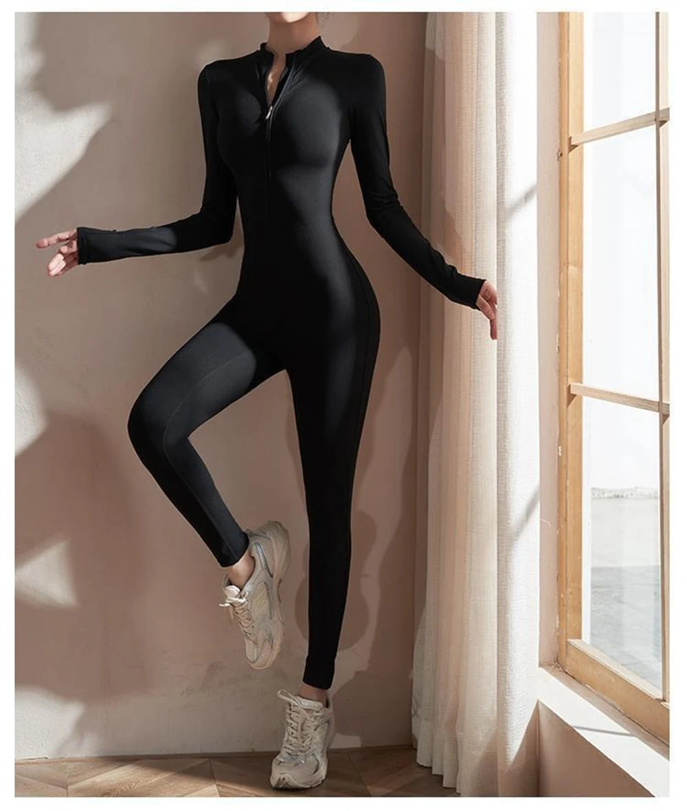 Women Long Sleeve Yoga Jumpsuit Slim Fit Zipper Fitness One Piece Sports Romper