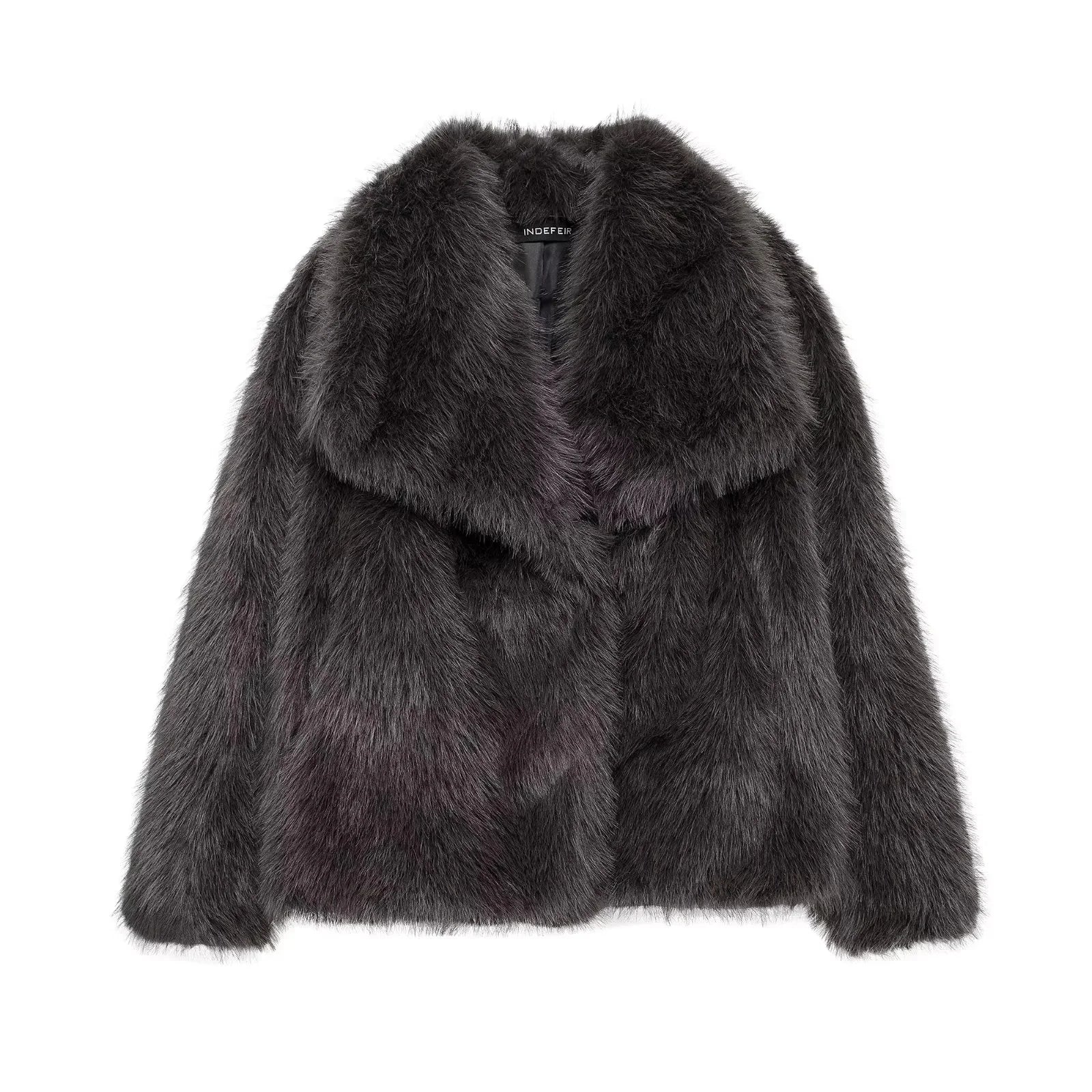 Women Brown Faux Fur Jacket Oversized Turn Down Collar Elegant Spring Summer Coat