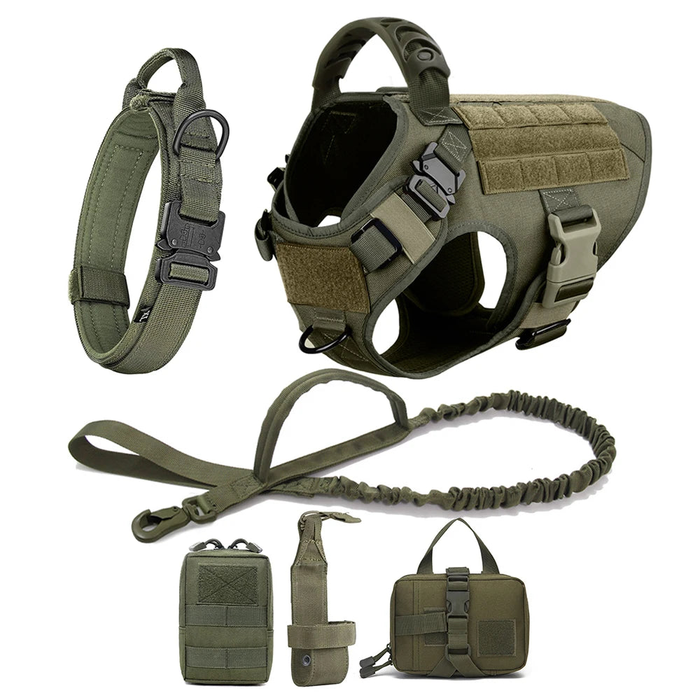 Large Dog Harness Collar Leash Set with Molle Pouches for Training Walking