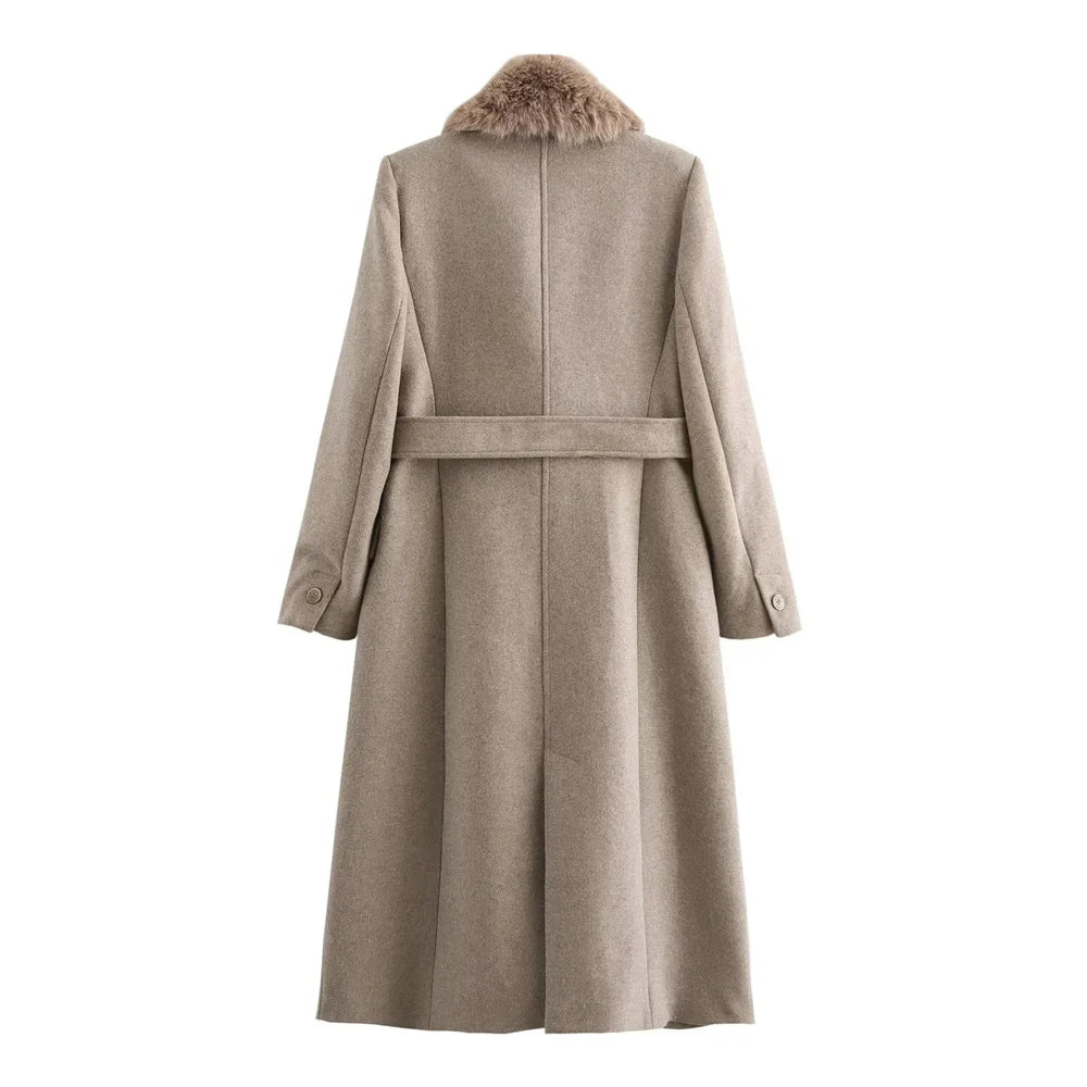 Women Belted Coat Faux Fur Collar Long Sleeve Warm Autumn Winter Jacket with Pockets
