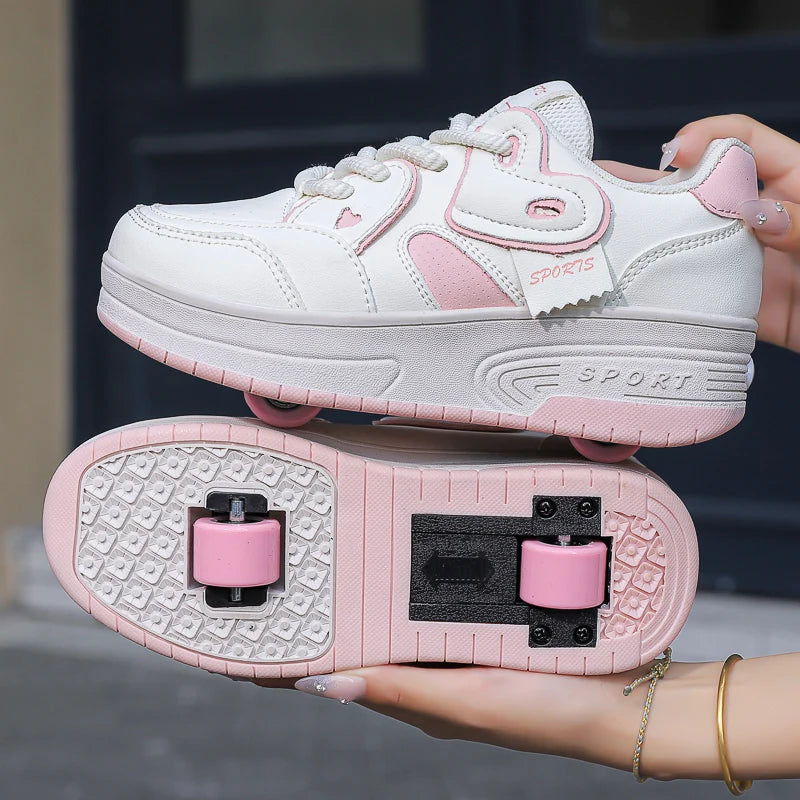 Girls Retractable Two Wheel Roller Skate Shoes Lace Up Breathable Outdoor Sneakers