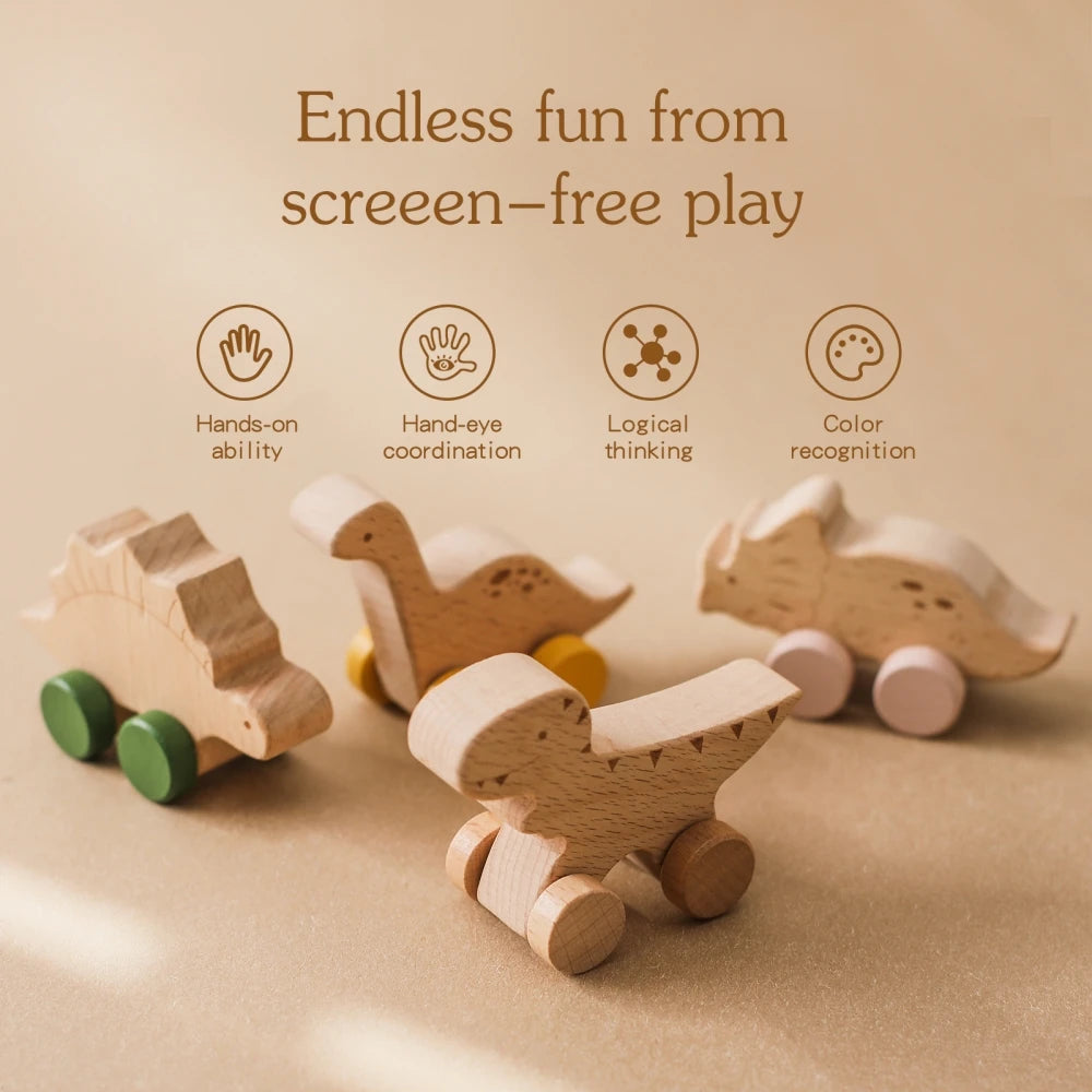 Wooden Dinosaur Baby Car Teether Montessori Toy