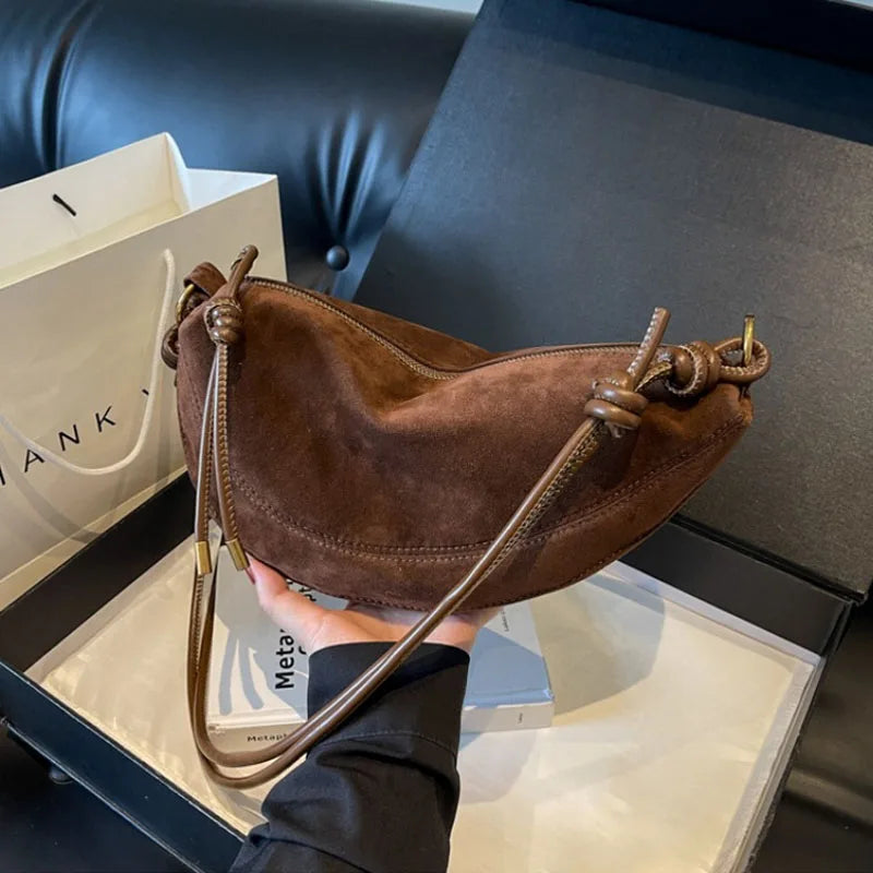 Women Faux Suede Shoulder Bag Underarm Crossbody Dumpling Bag