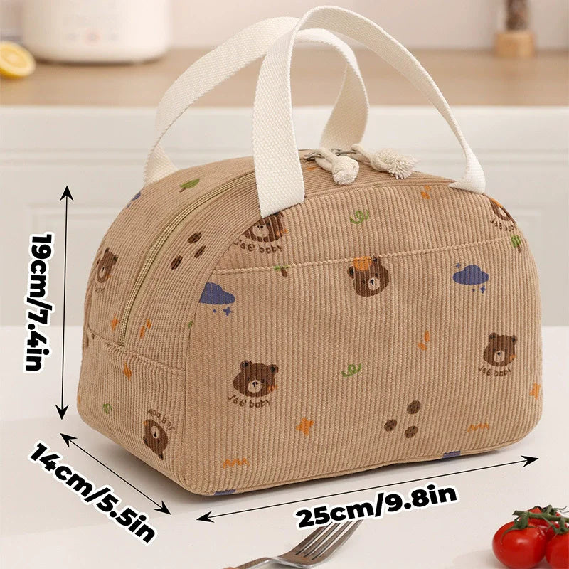 Corduroy Thermal Insulated Lunch Bag Multifunctional Storage Handbag Picnic Cooler Bag