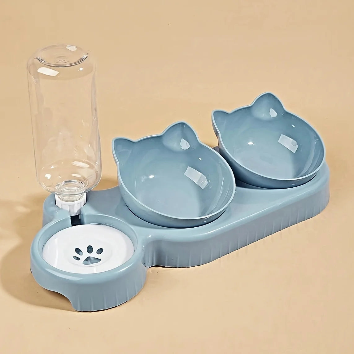 3 in 1 Tilted Cat Bowl Set with Gravity Water Feeder Neck Protection Design