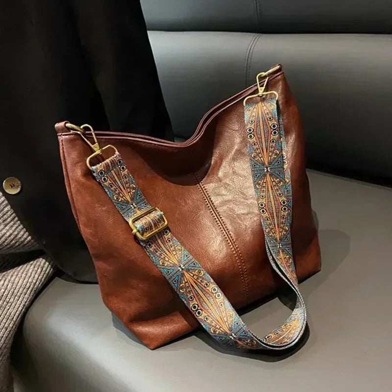 Vintage PU Leather Bucket Bag Large Capacity Shoulder Crossbody Handbag