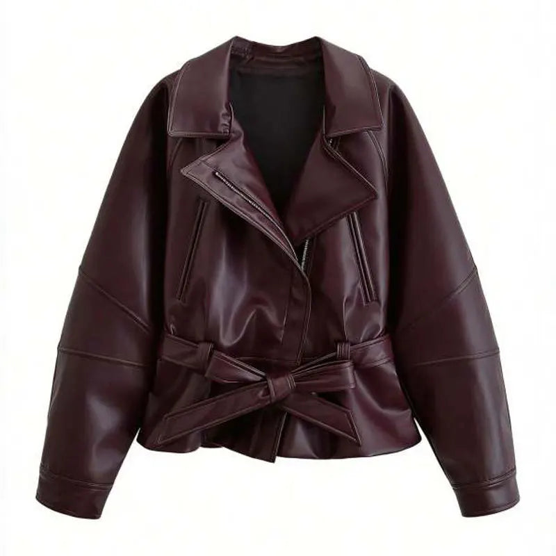 Women Black Faux Leather Trench Coat Belted Long Sleeve Lapel Motorcycle Style Jacket