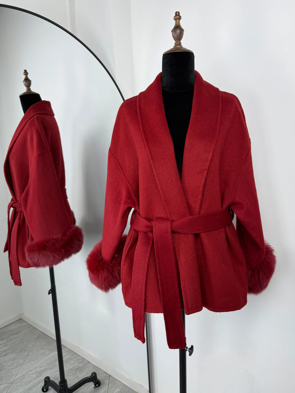 Women Wool Coat Faux Fur Collar Short Double Sided Elegant Jacket
