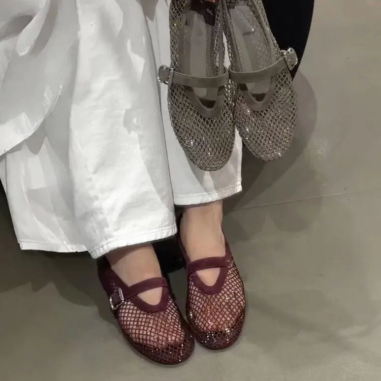 Women Fishnet Rhinestone Ballet Flats Hollow Strap Mary Jane Shoes 2026