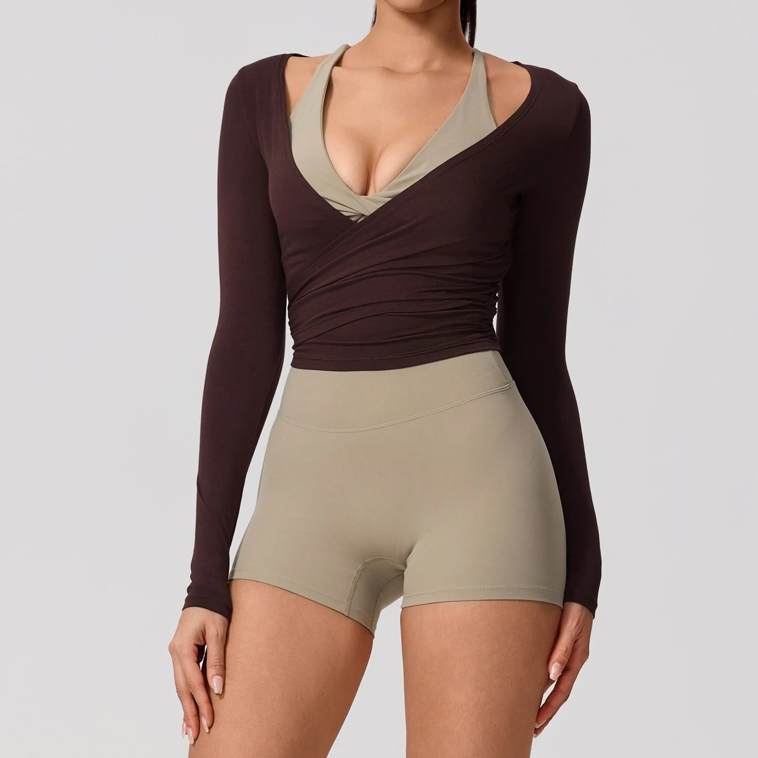 Women Yoga Shirt Long Sleeve Sports Top Quick Dry Breathable Gym Pilates Dance Wrap Top