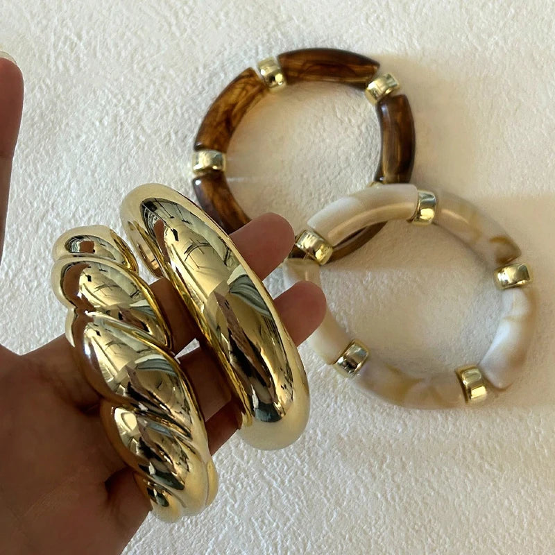4pcs Resin Bangle Set Brown Vintage Elastic Bracelets for Women Gold Tone