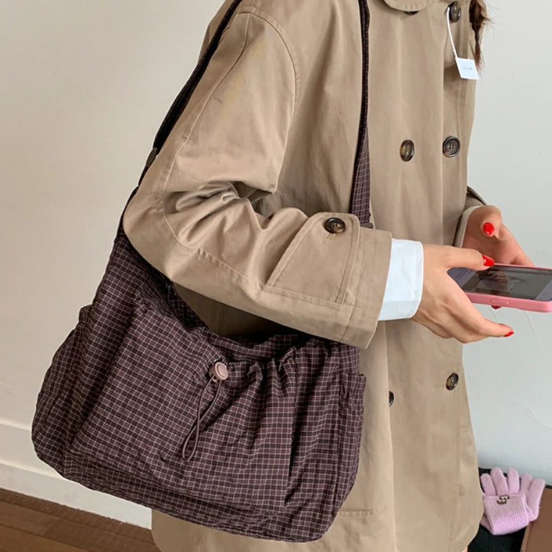 Nylon Shoulder Bag Plaid Tote Crossbody Drawstring Cloud Commuter Bag