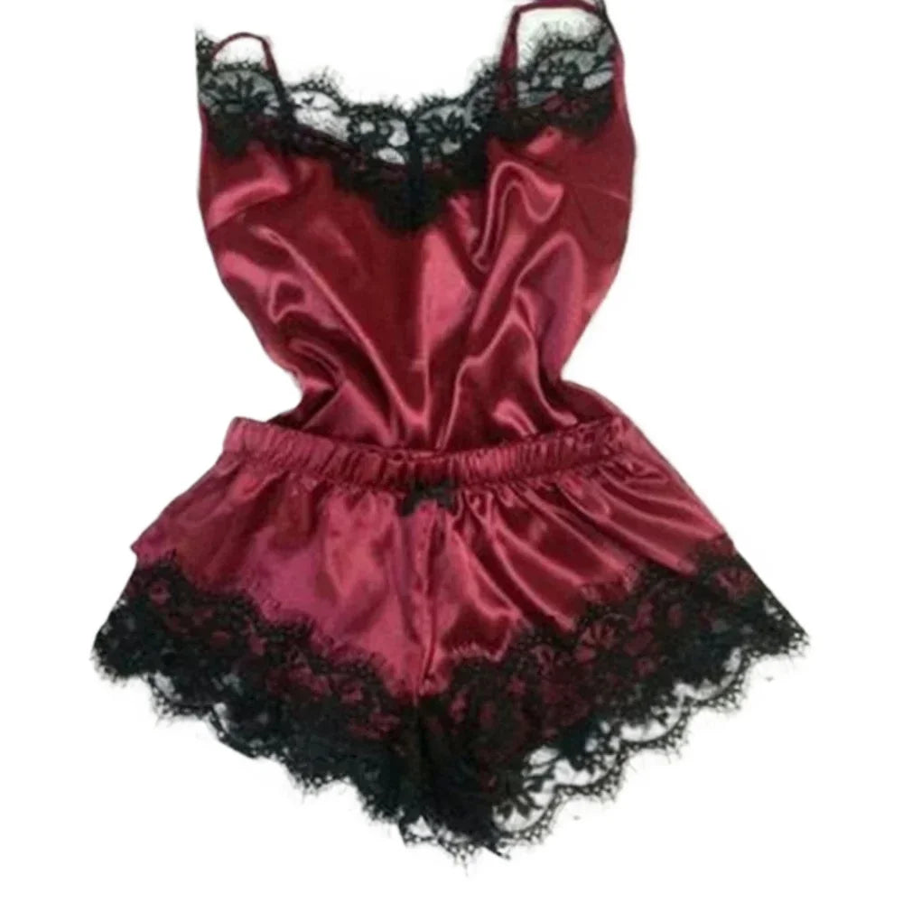 Women Lace Silk Pajama Set Cami Top & Shorts Sleepwear Sexy Lingerie Set