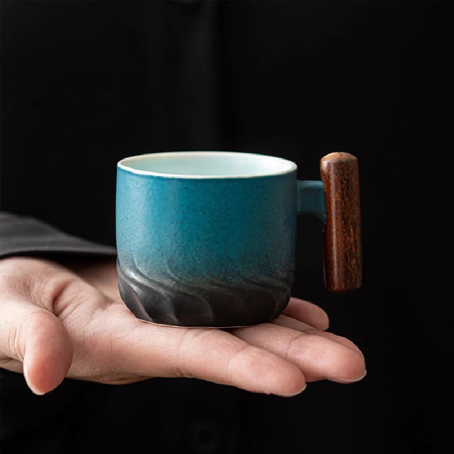 Vintage Coffee Cup Handmade Mug with Wooden Handle for Home Kitchen Bar