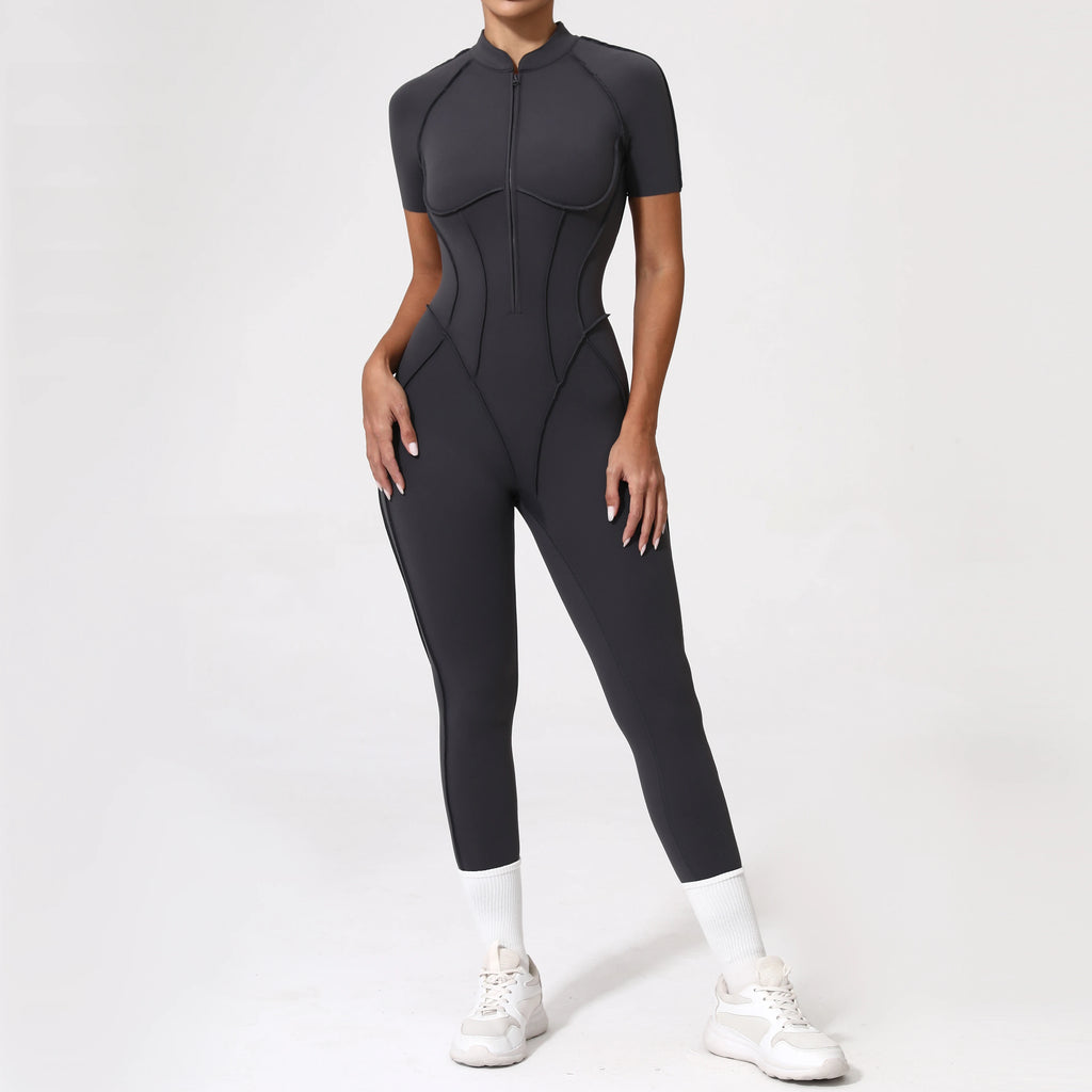 Women Backless Yoga Jumpsuit Zipper Gym Fitness Bodysuit Sportswear