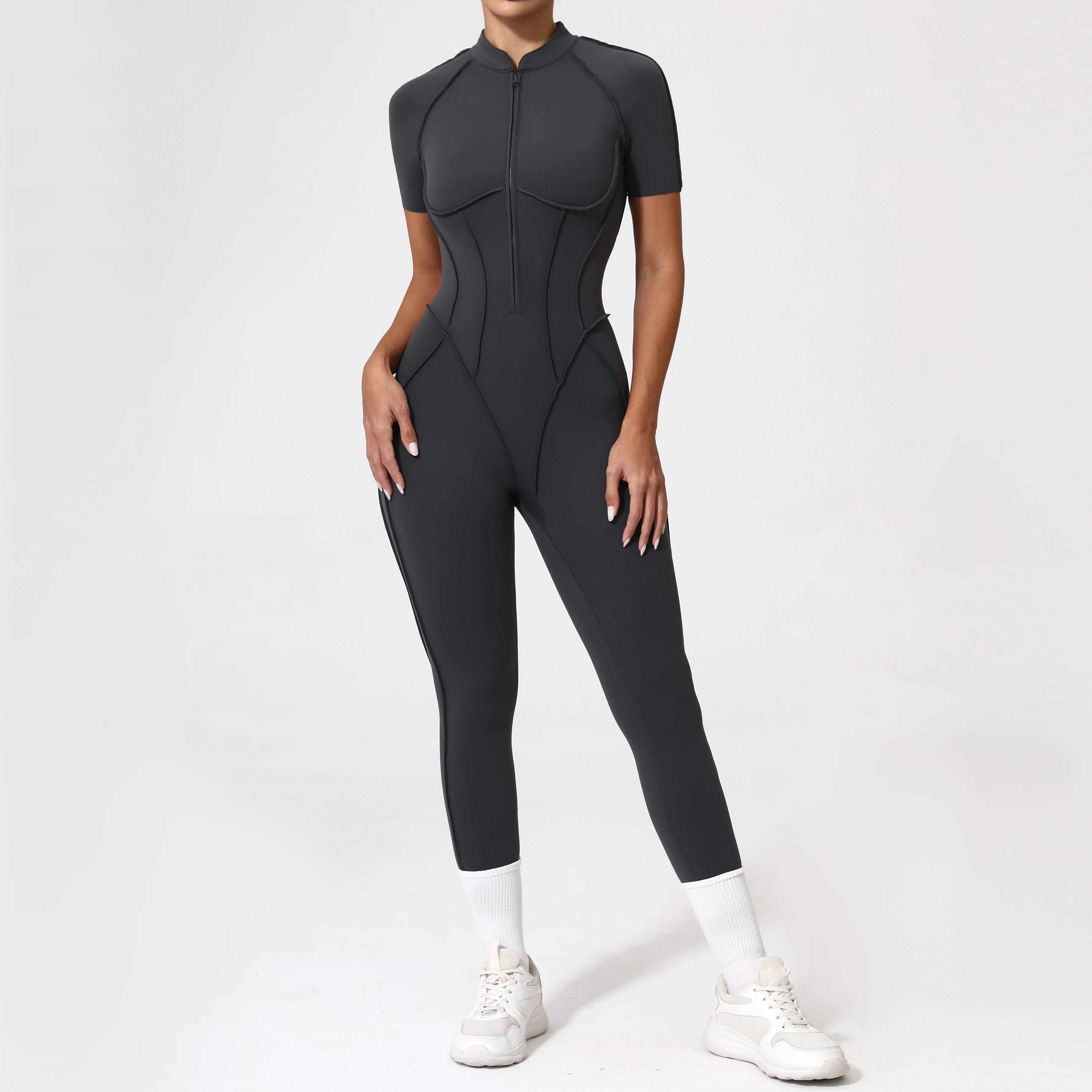 Women Backless Yoga Jumpsuit Zipper Gym Fitness Bodysuit Sportswear