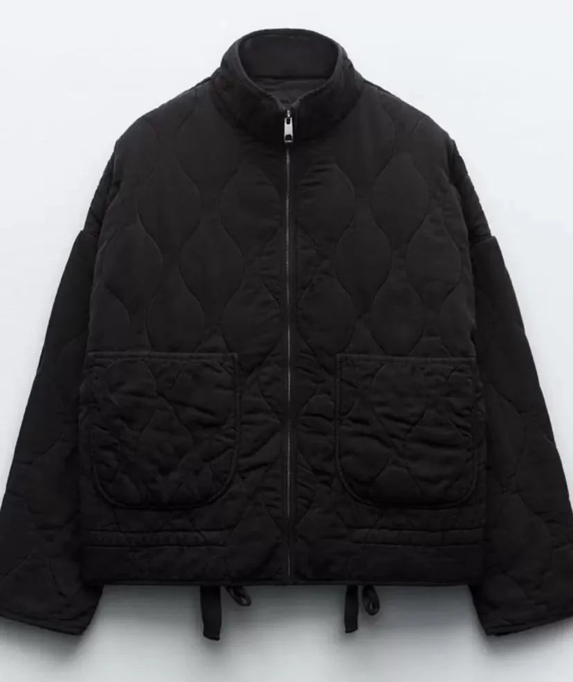 Women Quilted Padded Jacket High Collar Large Pocket Vintage Winter Coat