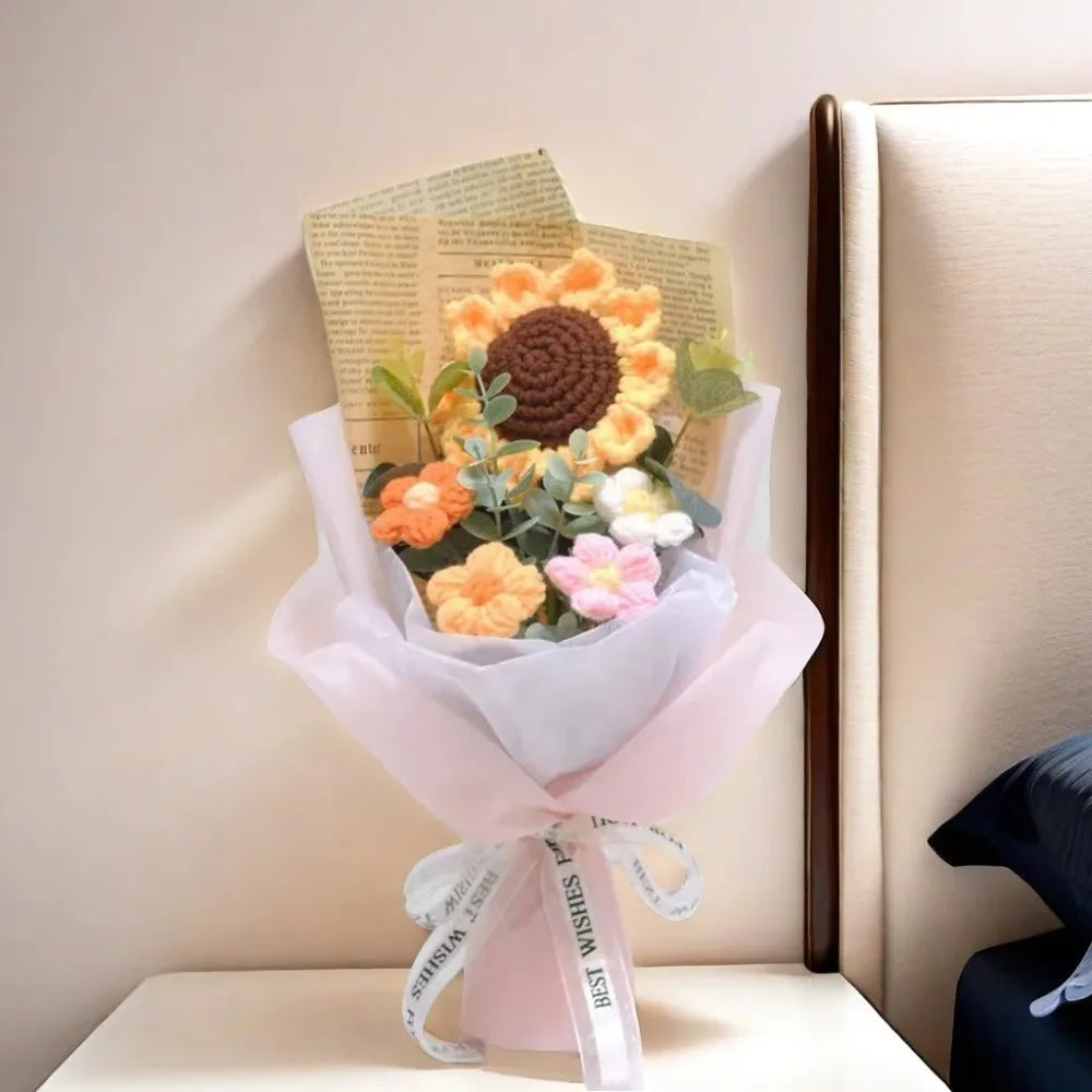 Handmade Crochet Flower Bouquet Sunflower Daisy Eternal Artificial Gift for Mother’s Day Birthday