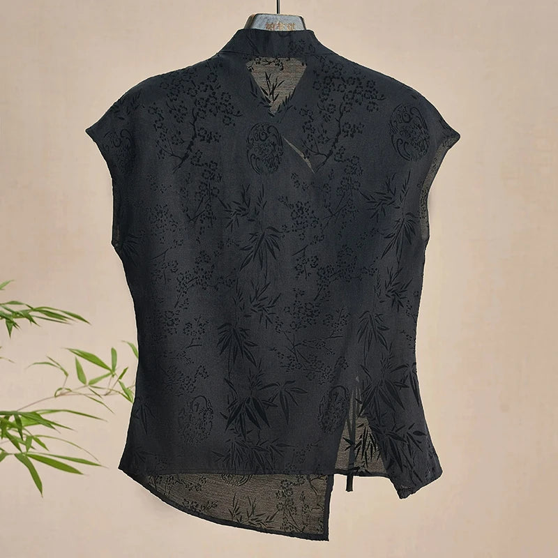 Women Chinese Style Jacquard Cheongsam Top Black Short Sleeve Retro Summer Shirt