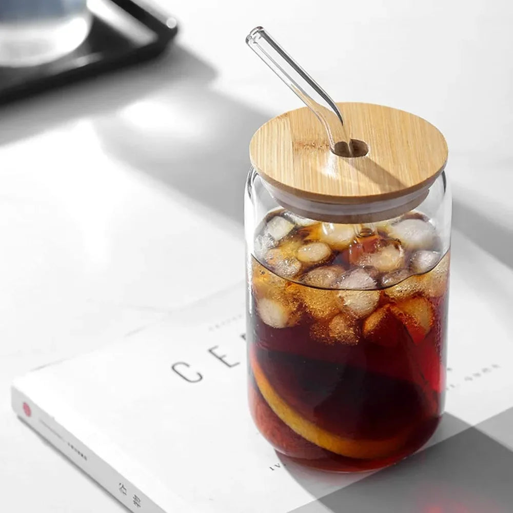 Glass Cup with Bamboo Lid and Straw 350ml 550ml