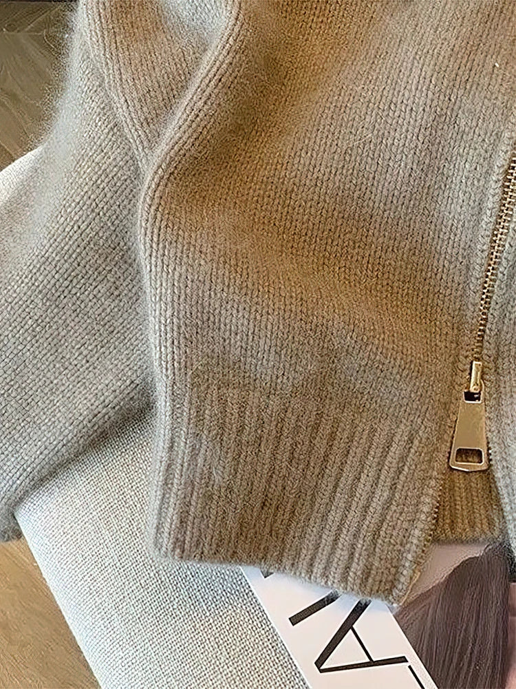 Women Cropped Knit Cardigan Zipper Sweater Jacket Thick Autumn Vintage 2000s Style