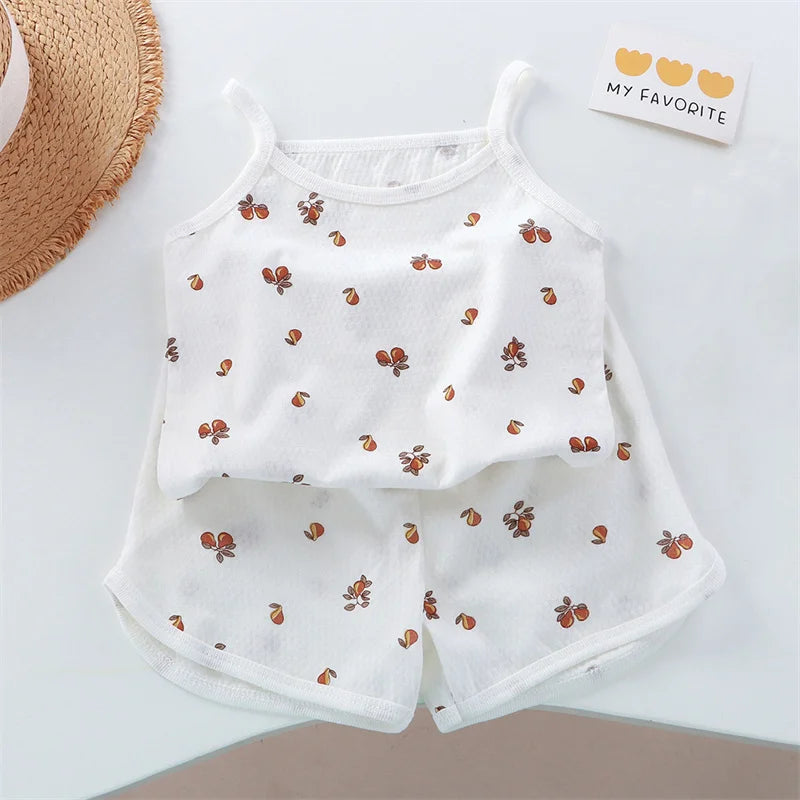 Girls Cotton Sleeveless Vest and Shorts Set Summer Thin Kids Loungewear
