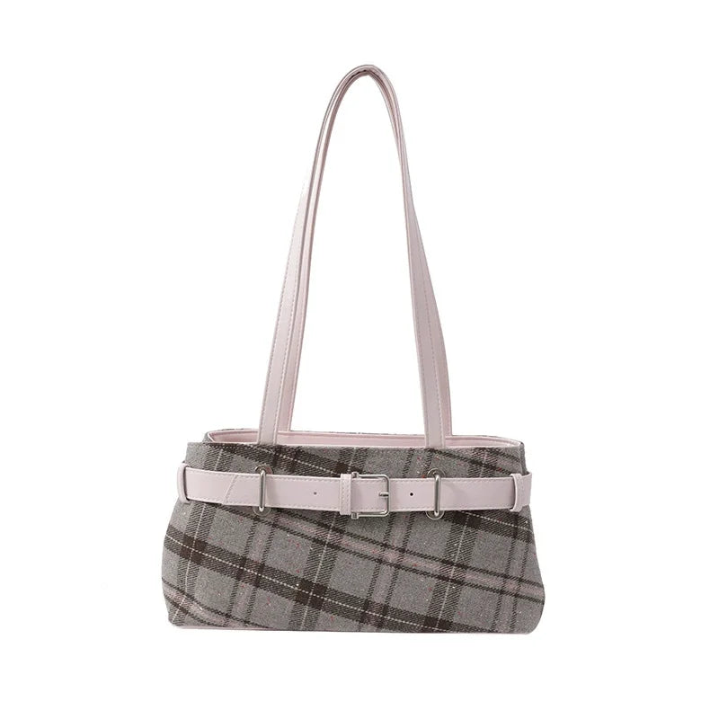 Women Retro Plaid Tote Bag Textured Shoulder Handbag Work Commuter Bag 2026