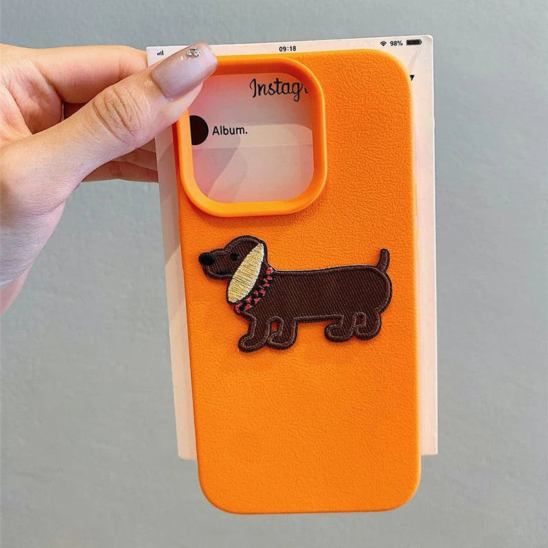 Cute 3D Cartoon Embroidery Puppy Leather Pattern iPhone Case
