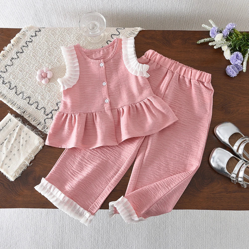 Girls Blue Denim Look Sleeveless Top and Wide Leg Pants Set