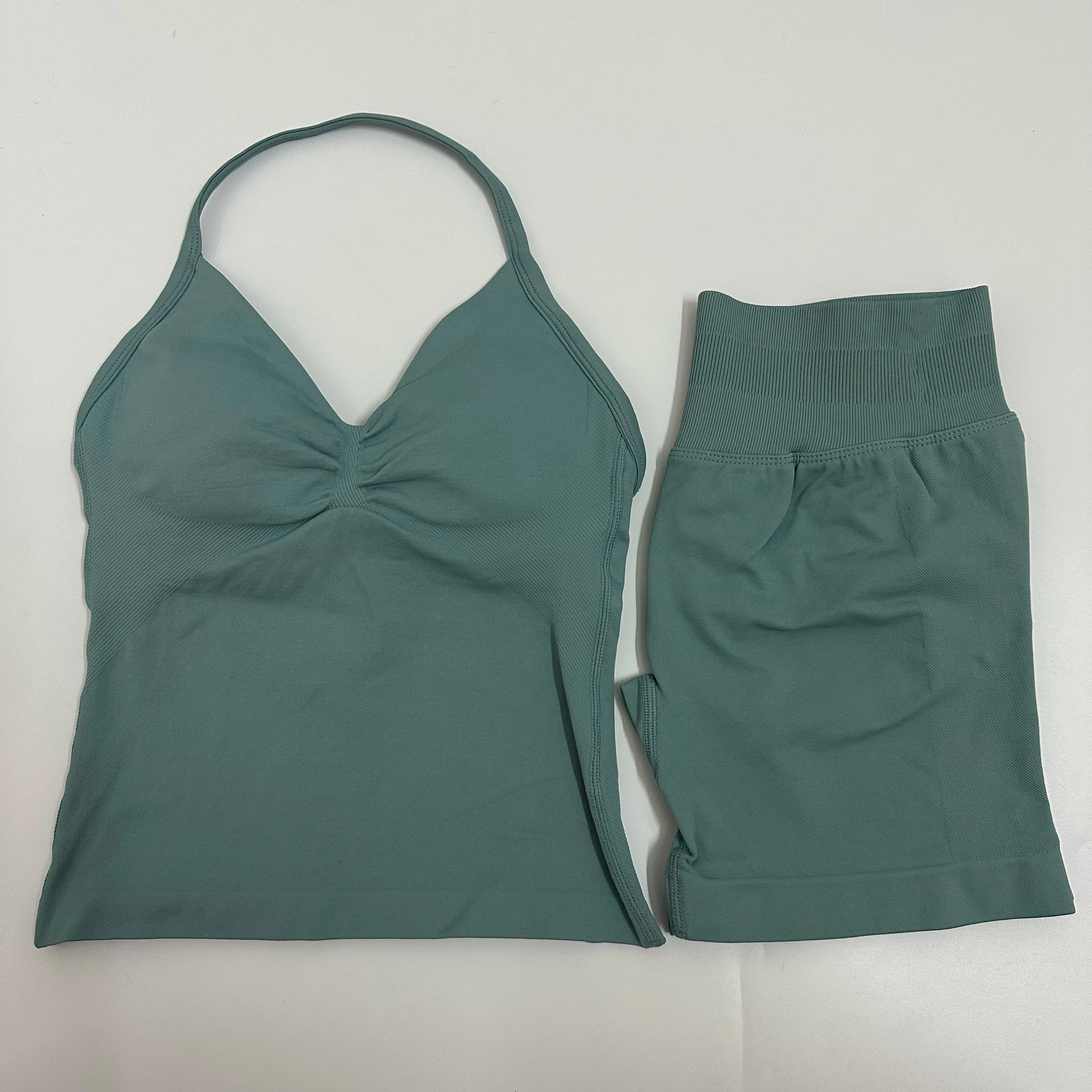 Seamless Yoga Set Women Strappy Tank Top Scrunch Shorts Gym Workout Outfit