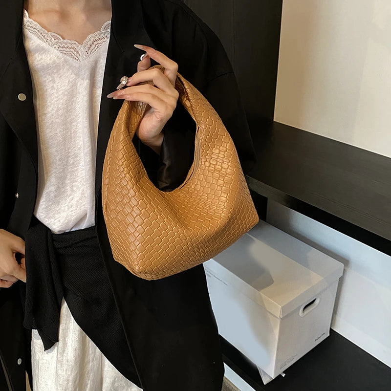 Women Woven Embossed Hobo Bag Soft PU Leather Shoulder Handbag