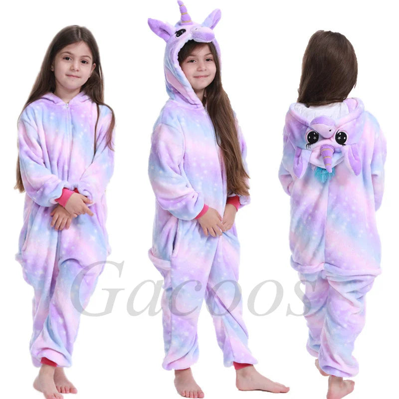 Kids Unicorn Animal Flannel Hooded Onesie Pajamas Warm Sleepwear Costume