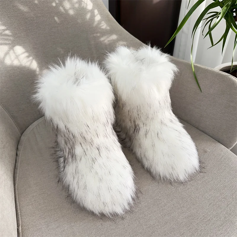 Women Fur Snow Boots Warm Mid Calf Winter Shoes
