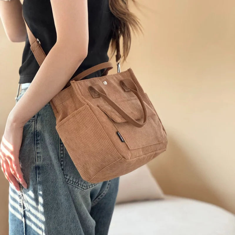 Corduroy Tote Bag Multi Pocket Crossbody Shoulder Satchel for Women