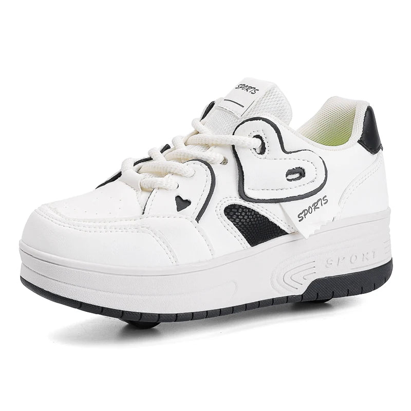 Girls Retractable Two Wheel Roller Skate Shoes Lace Up Breathable Outdoor Sneakers