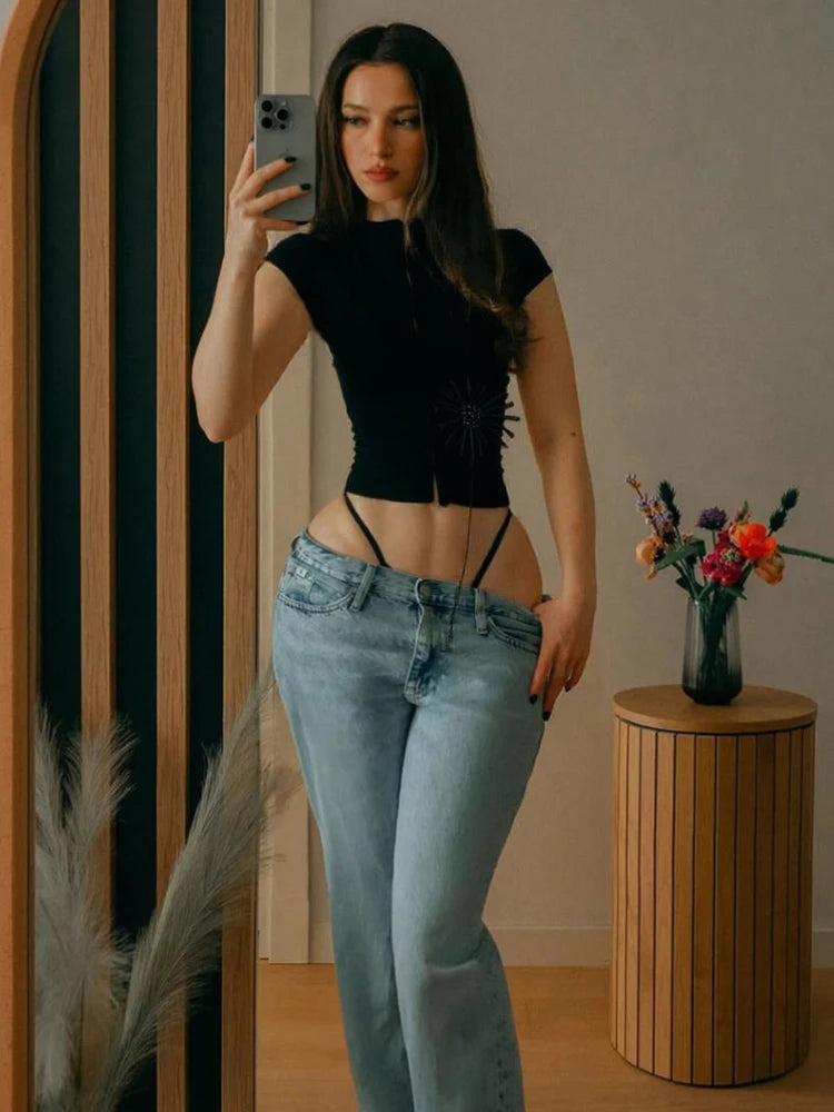 Tassel Crop Top for Women Half High Neck Skinny T Shirt