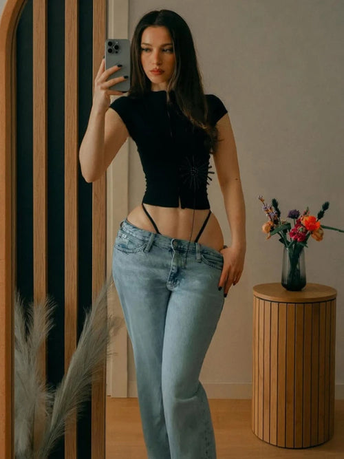 Tassel Crop Top for Women Half High Neck Skinny T Shirt