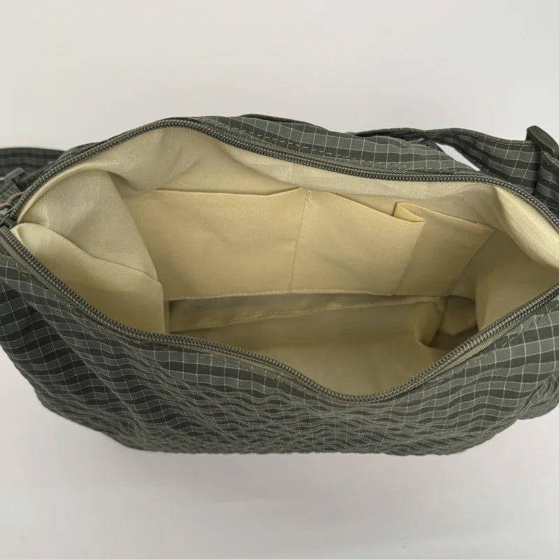 Nylon Shoulder Bag Plaid Tote Crossbody Drawstring Cloud Commuter Bag