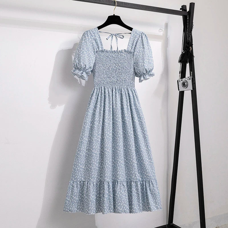 Women’s Chiffon A-Line Dress Short Sleeve Pleated Elastic Waist Casual Summer Dress