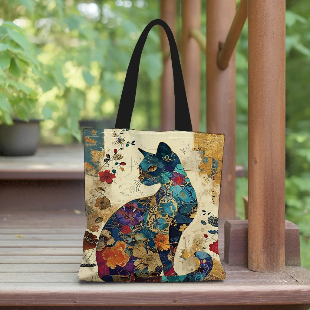 Floral Cat Canvas Tote Bag Aesthetic Lightweight School Shoulder Grocery Bag