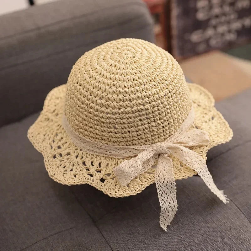 Kids Lace Straw Bow Summer Sun Hat Baby Girls Beach Panama Cap