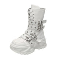 Women Round Toe Lace Up Platform Mid Calf Boots Non Slip Autumn Winter