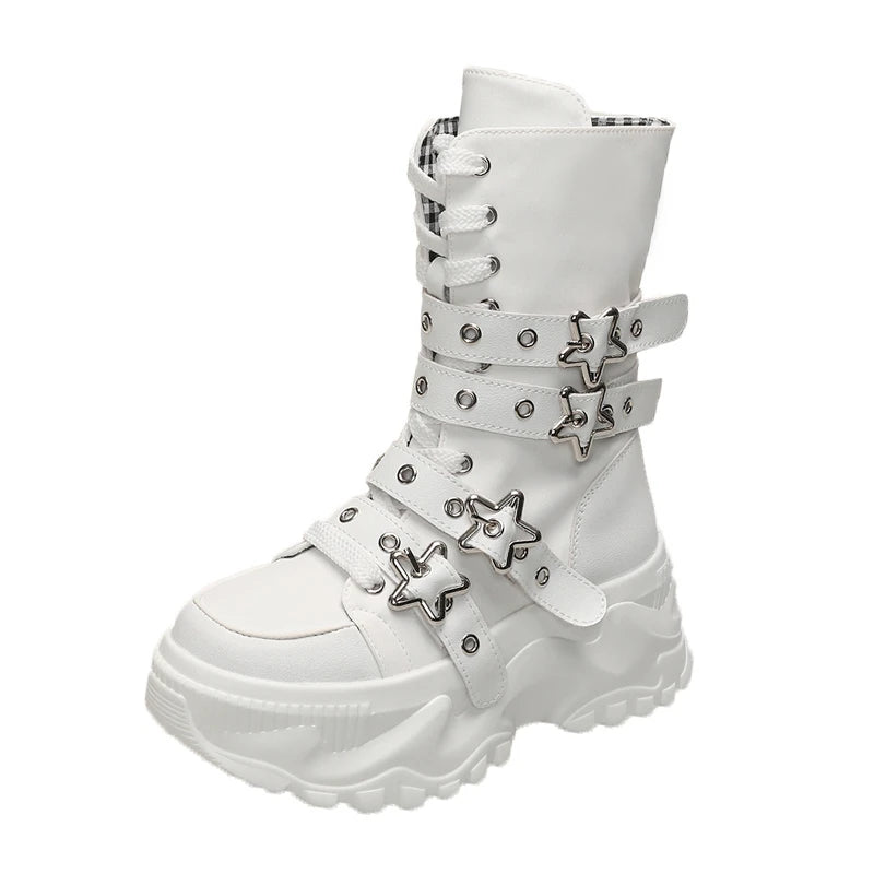 Women Round Toe Lace Up Platform Mid Calf Boots Non Slip Autumn Winter