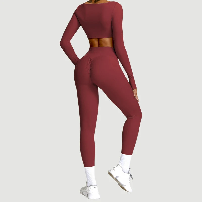 2PCS Seamless Yoga Set Women Long Sleeve Crop Top High Waist Leggings Workout Outfit