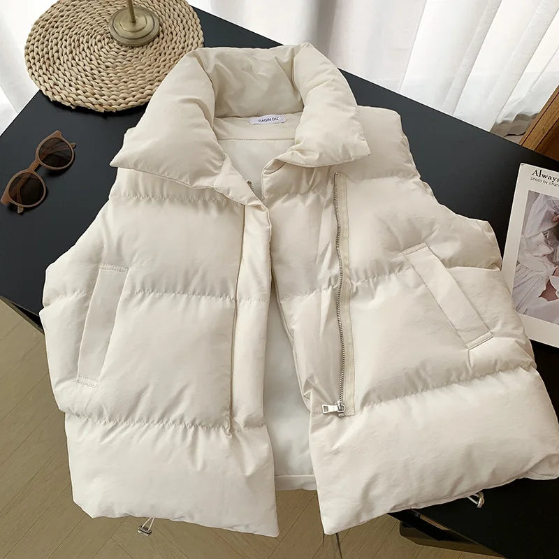 Women Stand Collar Belted Puffer Vest Sleeveless Warm Winter Jacket