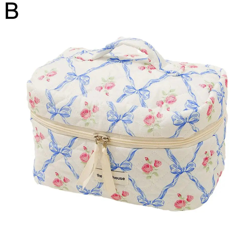 Women Quilted Makeup Bag Cute Bow Flower Zipper Cosmetic Organizer Toiletry Case
