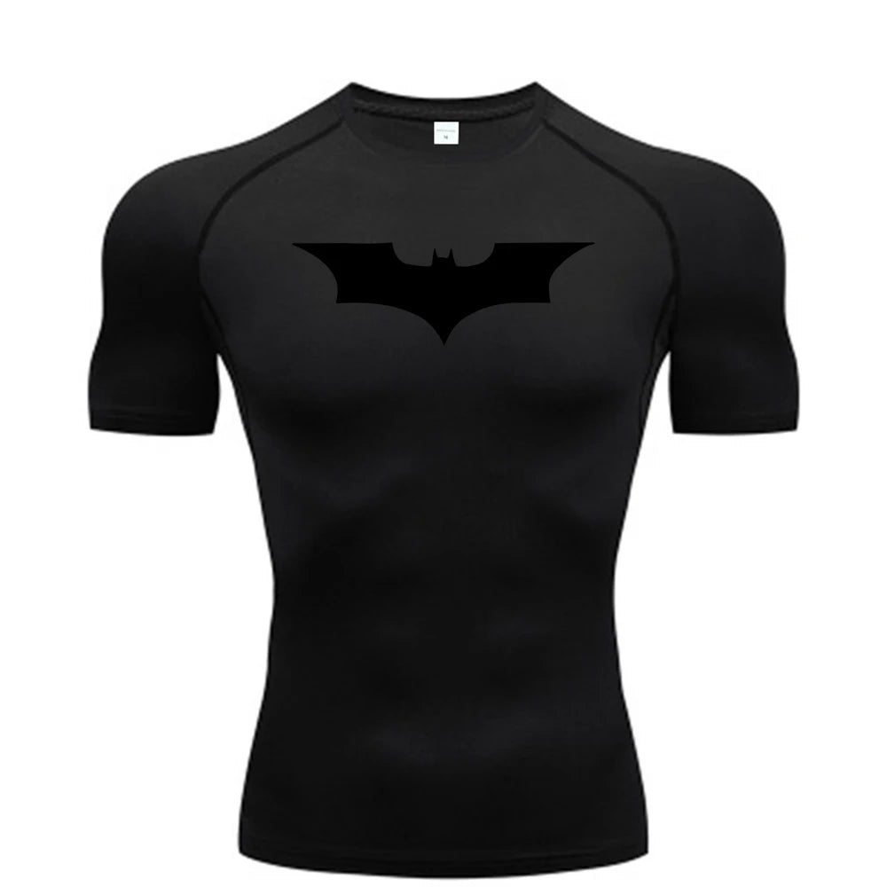 Men Bat Print Compression T Shirt Short Sleeve Gym Running Fitness Tee
